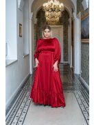 Clarissa – hosszú ujjú, fodros aljú maxi ruha light szatén anyagból meggypiros színben 