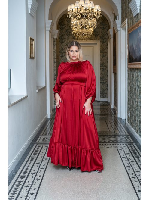 Clarissa – hosszú ujjú, fodros aljú maxi ruha light szatén anyagból meggypiros színben 