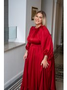 Clarissa – hosszú ujjú, fodros aljú maxi ruha light szatén anyagból meggypiros színben 