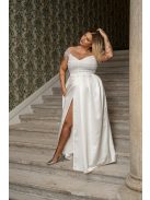 Inez – ráncolt felsőrészű, romantikus fehér szatén maxi ruha csillogós tüllel