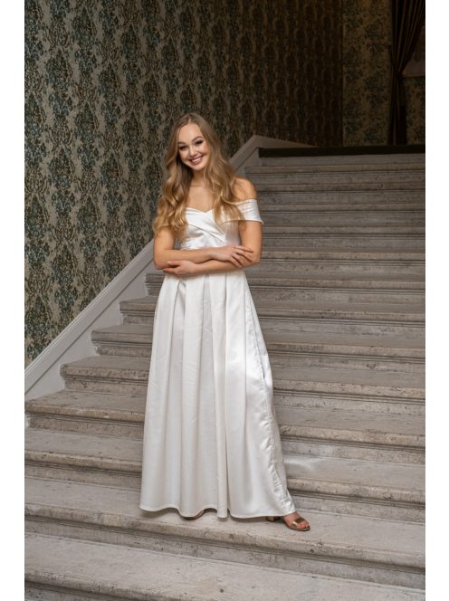 Audrey - szív kivágású maxi ruha fehér színben szatén anyagból