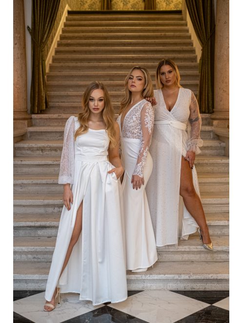 Nicole -Aszimmetrikus szatén maxi ruha csipke ujjakkal fehér színben