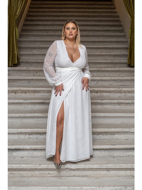 Daisy – átlapolt, hosszú ujjú muszlin maxi ruha csipkével fehér színben