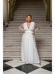   Daisy – átlapolt, hosszú ujjú muszlin maxi ruha csillogós tüllel fehér színben