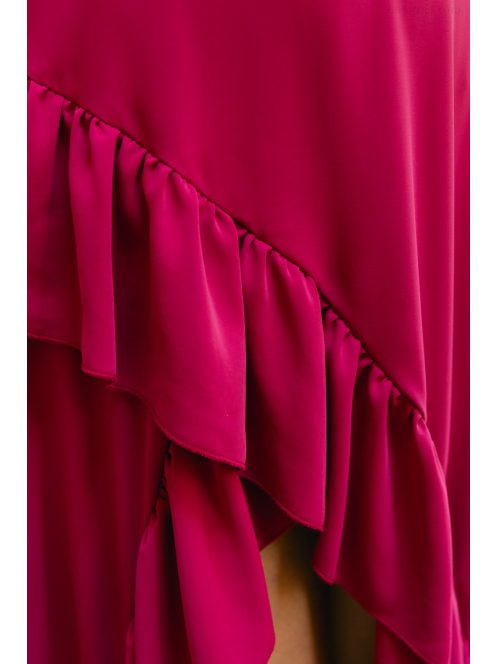 Bianka– sötétmályva muszlin alkalmi ruha aszimmetrikus fodros szoknyával