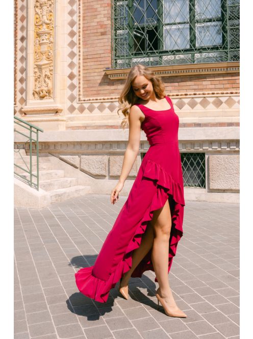 Bianka– sötétmályva muszlin alkalmi ruha aszimmetrikus fodros szoknyával