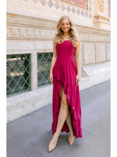   Bianka– sötétmályva muszlin alkalmi ruha aszimmetrikus fodros szoknyával