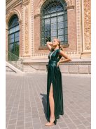 Johanna – sötétzöld pliszírozott alkalmi ruha mély dekoltázzsal