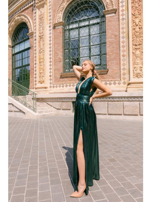 Johanna – sötétzöld pliszírozott alkalmi ruha mély dekoltázzsal