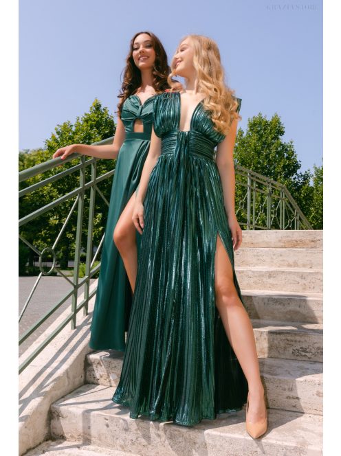 Johanna – sötétzöld pliszírozott alkalmi ruha mély dekoltázzsal