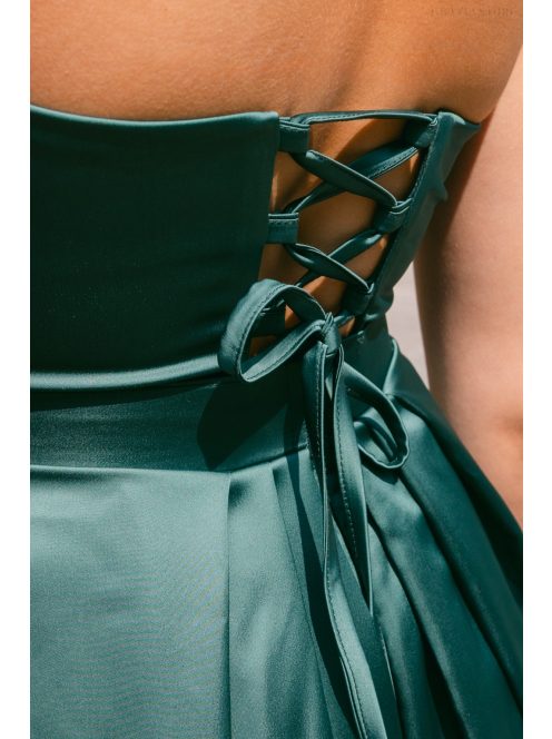Ajsa - sötétzöld szatén pántnélküli maxi ruha fűzős hátrésszel