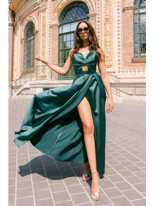 Ajsa sötétzöld szatén pántnélküli maxi ruha - Elegáns alkalmi ruha