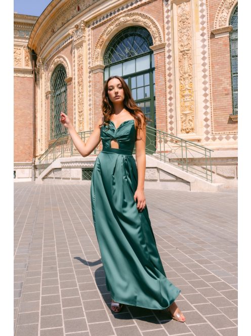 Ajsa - sötétzöld szatén pántnélküli maxi ruha fűzős hátrésszel