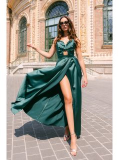 Ajsa sötétzöld szatén pántnélküli maxi ruha - Elegáns alkalmi ruha