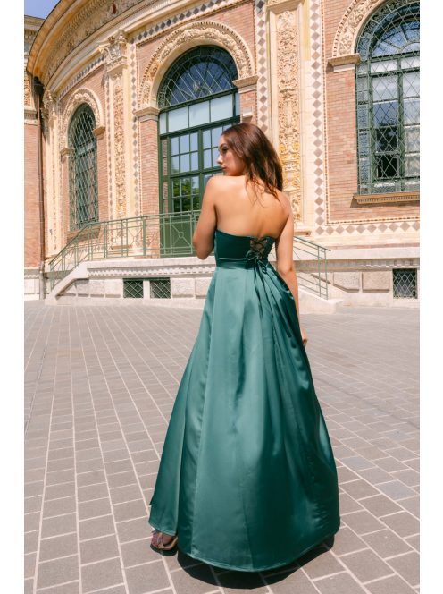 Ajsa sötétzöld szatén pántnélküli maxi ruha - Elegáns alkalmi ruha