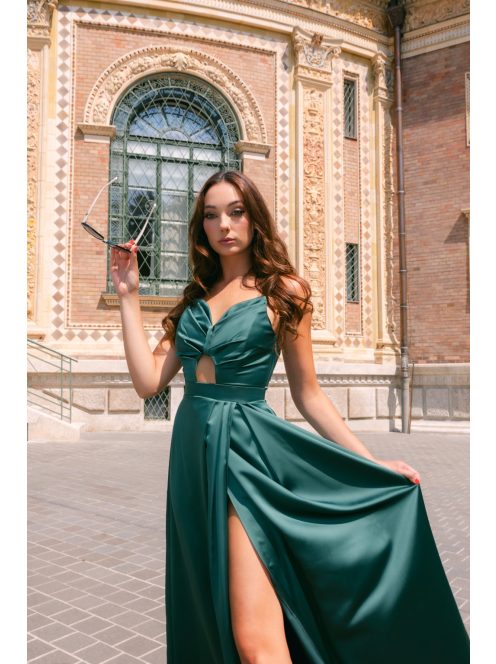 Ajsa - sötétzöld szatén pántnélküli maxi ruha fűzős hátrésszel