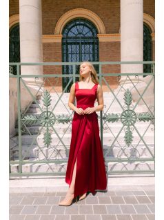   Maya - bordópiros szatén alkalmi ruha átlapolt rakásos szoknyával