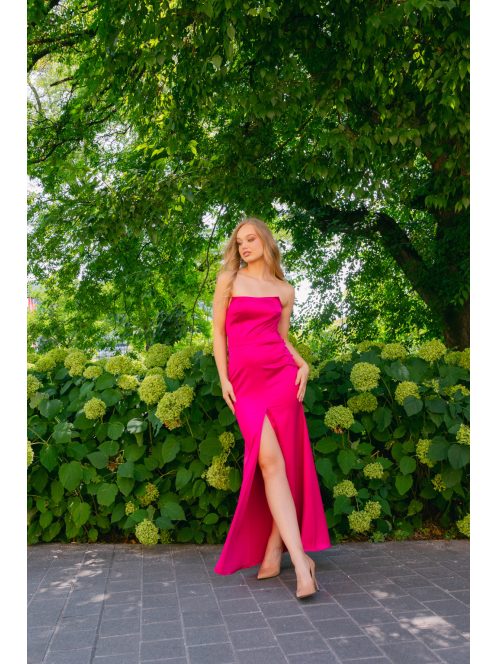 Marilyn pántnélküli szatén maxi ruha - Magenta alkalmi ruha sliccel