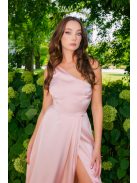 Linda - púder színű féloldalas lágy szatén maxi ruha masnival