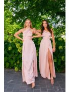 Linda - púder színű féloldalas lágy szatén maxi ruha masnival
