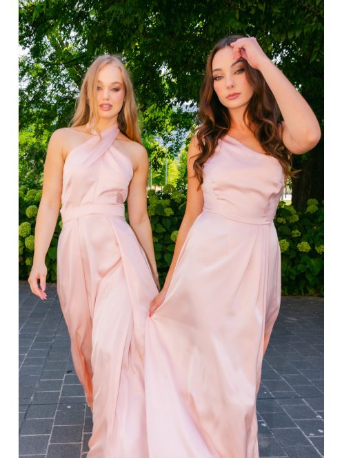 Linda - púder színű féloldalas lágy szatén maxi ruha masnival