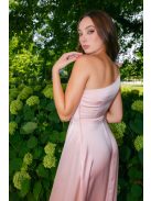 Linda - púder színű féloldalas lágy szatén maxi ruha masnival