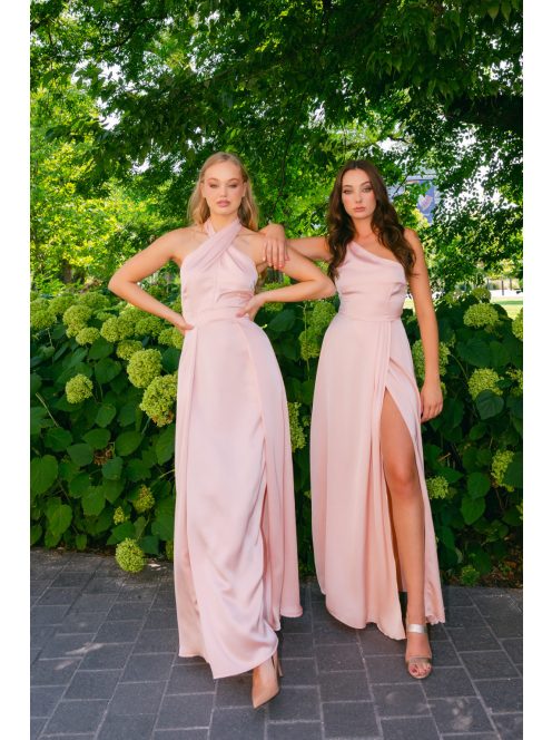 Linda - púder színű féloldalas lágy szatén maxi ruha masnival
