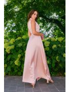 Linda - púder színű féloldalas lágy szatén maxi ruha masnival