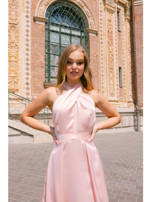 Lia - púder színű lágy szatén maxi ruha keresztezett felsőrésszel és nyakban megkötős pánttal