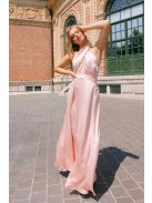 Lia - púder színű lágy szatén maxi ruha keresztezett felsőrésszel és nyakban megkötős pánttal