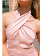 Lia - púder színű lágy szatén maxi ruha keresztezett felsőrésszel és nyakban megkötős pánttal