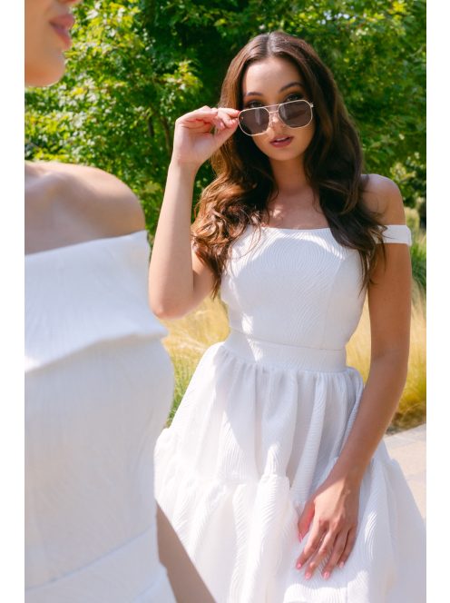 Frida fehér jacquard mini ruha - Ejtett váll, rakott mini szoknya