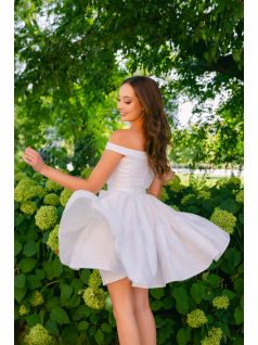 Frida fehér jacquard mini ruha - Ejtett váll, rakott mini szoknya