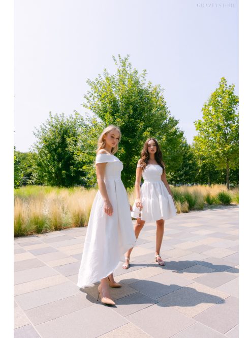 Frida fehér jacquard mini ruha - Ejtett váll, rakott mini szoknya