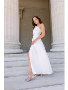 Linda fehér matt anyagú maxi ruha - Féloldalas alkalmi ruha masnival