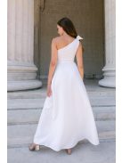 Linda fehér matt anyagú maxi ruha - Féloldalas alkalmi ruha masnival