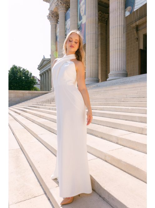 Lia - fehér színű matt anyagú maxi ruha keresztezett felsőrésszel és nyakban megkötős pánttal