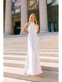 Lia fehér matt anygú maxi ruha - Keresztezett felsőrész, nyakban megkötős