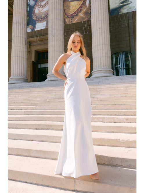 Lia fehér matt anygú maxi ruha - Keresztezett felsőrész, nyakban megkötős