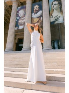   Lia - fehér színű matt anyagú maxi ruha keresztezett felsőrésszel és nyakban megkötős pánttal