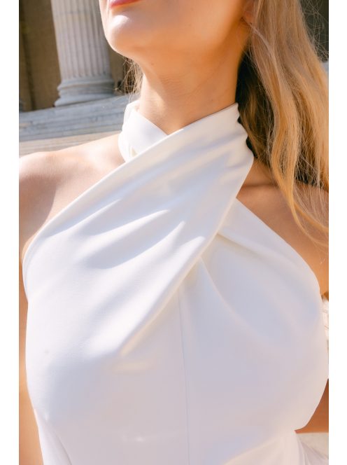 Lia fehér matt anygú maxi ruha - Keresztezett felsőrész, nyakban megkötős