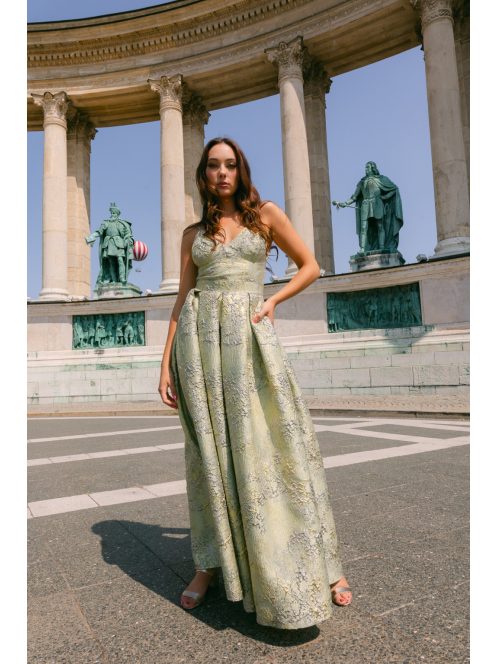 Zenina jacquard maxi ruha - Arany-ezüst mintás alkalmi ruha zsebekkel