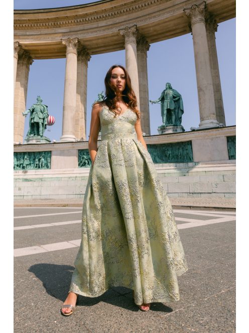 Zenina jacquard maxi ruha - Arany-ezüst mintás alkalmi ruha zsebekkel