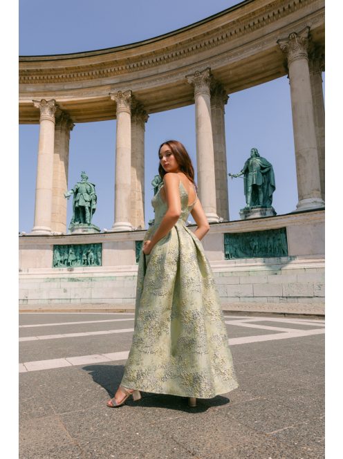 Zenina jacquard maxi ruha - Arany-ezüst mintás alkalmi ruha zsebekkel