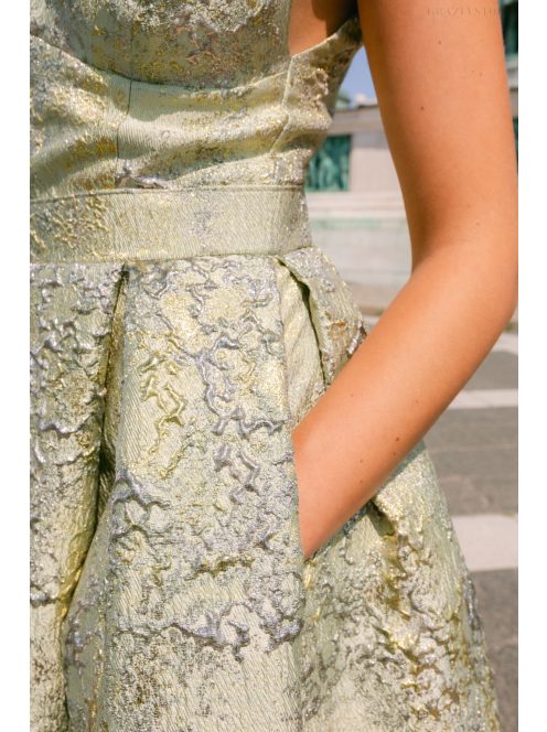 Zenina jacquard maxi ruha - Arany-ezüst mintás alkalmi ruha zsebekkel