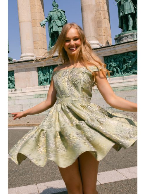 Frida jacquard mini ruha - Arany-ezüst mintás halványzöld alkalmi ruha