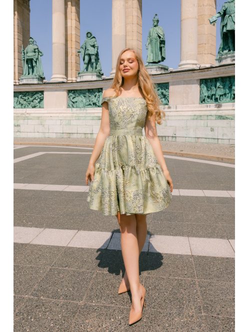 Frida jacquard mini ruha - Arany-ezüst mintás halványzöld alkalmi ruha