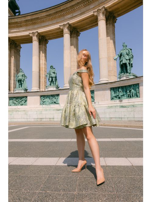 Frida jacquard mini ruha - Arany-ezüst mintás halványzöld alkalmi ruha