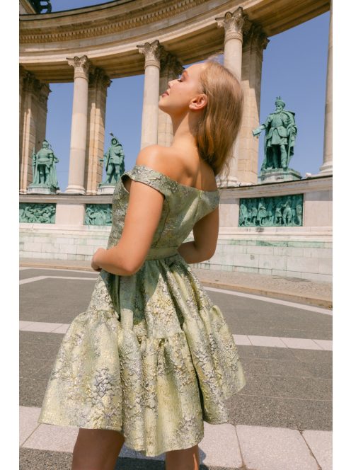 Frida jacquard mini ruha - Arany-ezüst mintás halványzöld alkalmi ruha