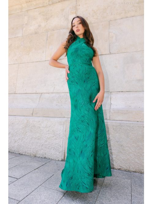 Lia Jacquard maxi ruha - Zöld-fekete mintás elegáns alkalmi ruha